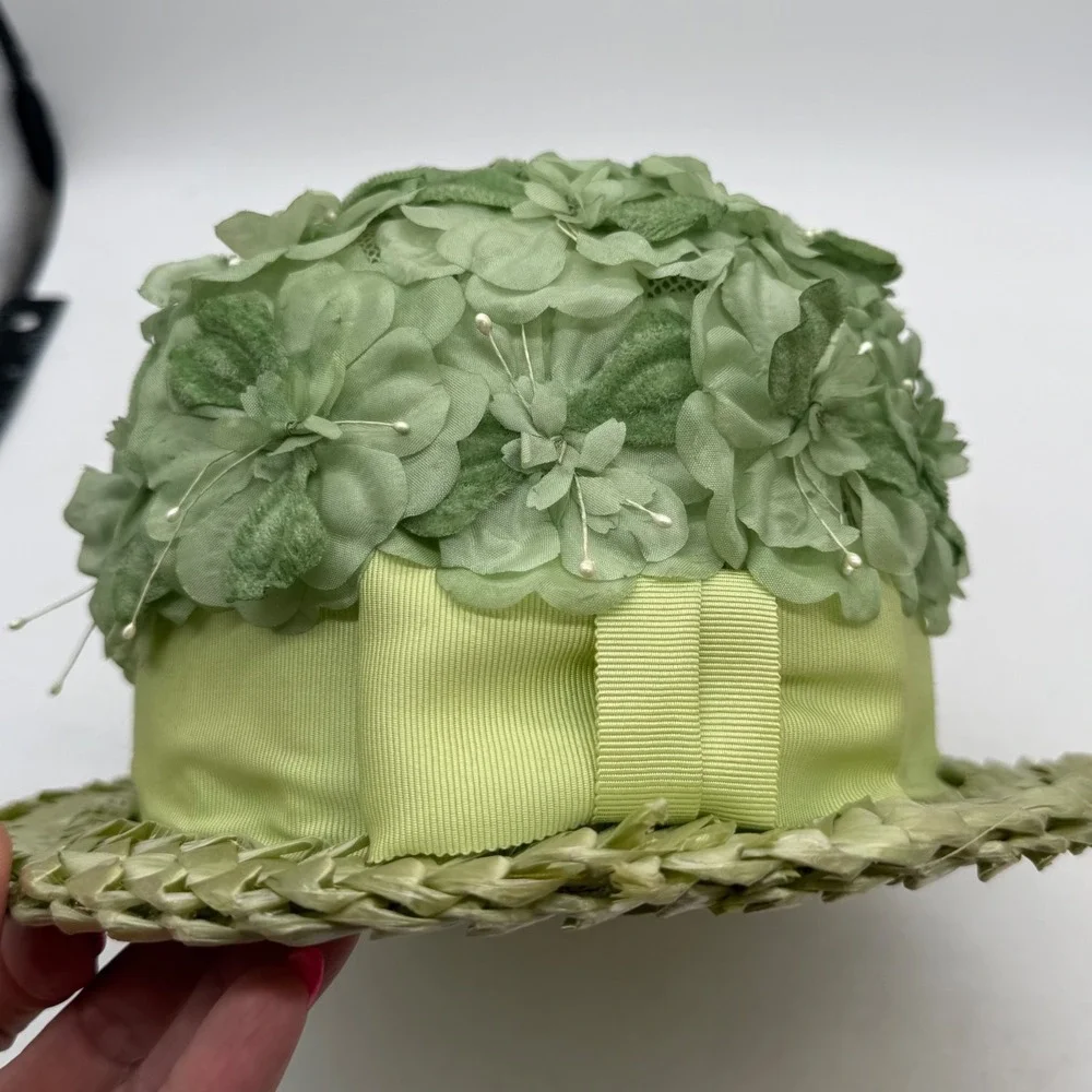 VTG Wilk's Green Floral Straw Pillbox Hat Original Box Mid Century union 50s 60s